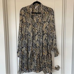 Elan Tie Neck Dress, Black and Metallic Gold, Size Medium